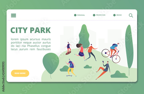 Spring, summer outdoor activities vector landing page template. Illustration of summer activity city park, outdoor walking and urban ride bicycle