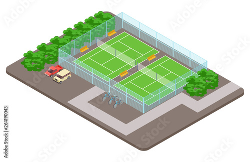 Tennis club playgrounds with parking isometric vector concept. Illustration of court tennis, sport game stadium field