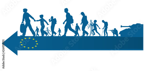 immigration people silhouette moving to  european arrow flag