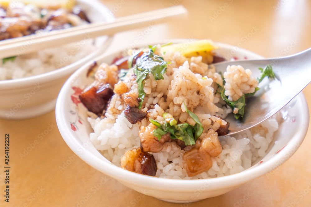 Braised pork over rice - Taiwan famous traditional street food delicacy. Soy-stewed pork on rice. Travel design concept. Top view,copy space,close up Braised pork over rice - Taiwan famous traditional street food delicacy. Soy-stewed pork on rice. Travel design concept. Top view,copy space,close up