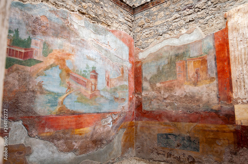 Pompeii, the best preserved archaeological site in the world, Italy. Interior of the House of the Small Fountain, Frescoes on the wall.