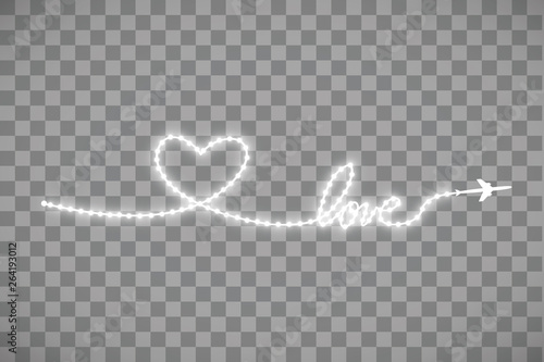 The aircraft and its track in the form of a strip of shiny LED strip in the shape of a heart on a transparent background. Vector illustration. The flight path of the aircraft and its route