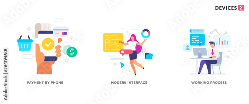 People use gadgets. set of icons, illustration. Smartphones tablets user interface social media.Flat illustration Icons infographics. Landing page site print poster.
