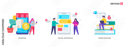 People use gadgets. set of icons, illustration. Smartphones tablets user interface social media.Flat illustration Icons infographics. Landing page site print poster.