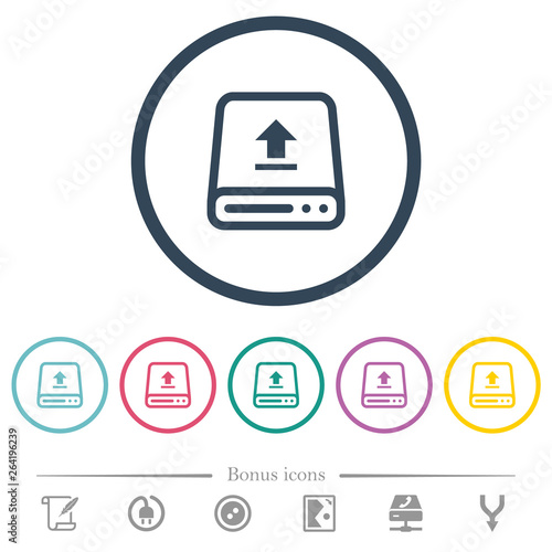 Upload from hard drive flat color icons in round outlines