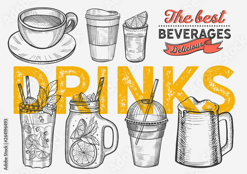 Drink illustration - coffee, mojito, smoothie, beer, cocktail 