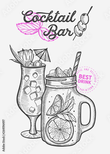 Mojito and pina colada cocktail illustration, vector hand drawn alcohol drink