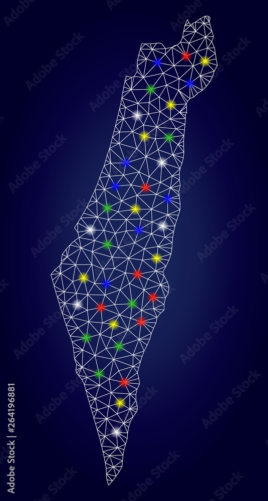 Bright mesh vector Israel map with glowing light spots. Mesh model for political templates. Abstract lines, dots, glare spots are organized into Israel map. Dark blue gradiented background.