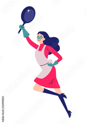 Portrait of cleaning super hero housewife with a frying pan.