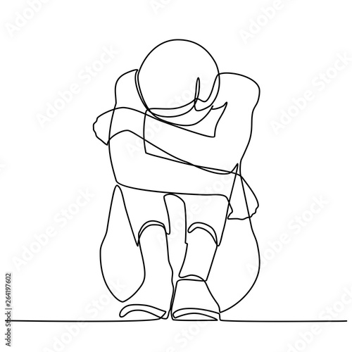 Continuous line drawings of young woman feeling sad, tired and worried about suffering from depression in mental health. problems, failures and concepts of heartbreak
