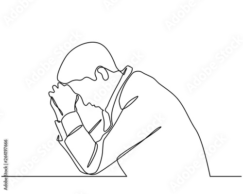 Continuous line drawings of young men feeling sad, tired and worried about suffering from depression in mental health. problems, failures and concepts of heartbreak