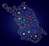 Bright mesh vector Jiangsu Province map with glowing light spots. Carcass model for patriotic purposes. Abstract lines, dots, glare spots are organized into Jiangsu Province map.