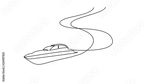 continuous line drawing from the boat traveling at high speed in the waters. concept of traveling by yacht. yacht go isolated with white backgrounds