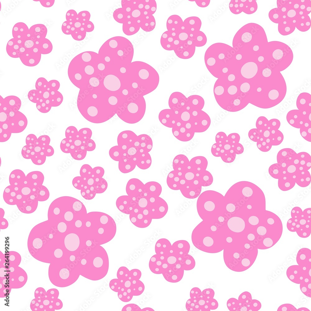 Seamless repeat pattern with pink flowers on white background.