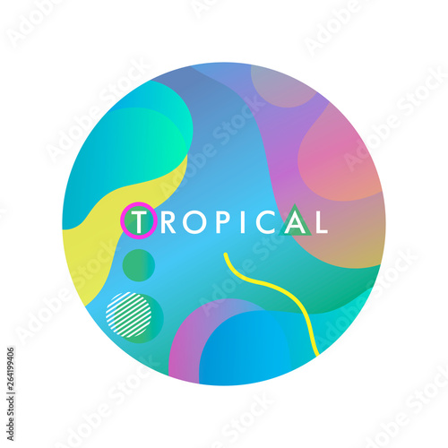 Unique artistic design card - tropical with bright gradient background,shapes and geometric elements in memphis style.Bright summer poster perfect for prints,flyers,banners,invitations and more.