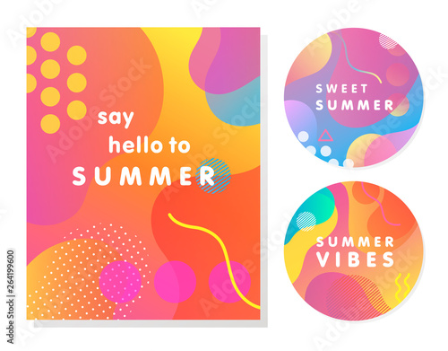 Unique artistic summer cards with bright gradient background,shapes and geometric elements in memphis style.Abstract design cards perfect for prints,flyers,banners,invitations,special offer and more.