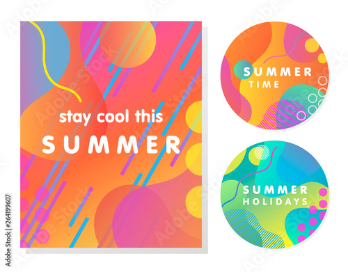 Unique artistic summer cards with bright gradient background,shapes and geometric elements in memphis style.Abstract design cards perfect for prints,flyers,banners,invitations,special offer and more.