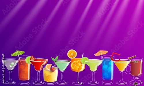 Cocktail party vector invitation poster or banner with colorful hand drawn drinks