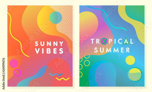 Unique artistic summer cards with bright gradient background,shapes and geometric elements in memphis style.Abstract design cards perfect for prints,flyers,banners,invitations,special offer and more.