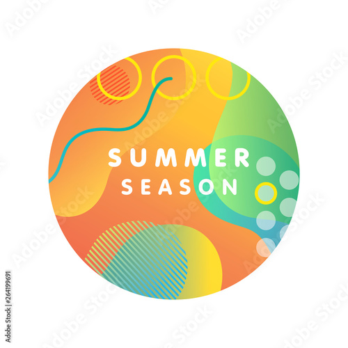 Unique artistic design card - summer season with bright gradient background,shapes and geometric elements in memphis style.Bright poster perfect for prints,flyers,banners,invitations,web and more.