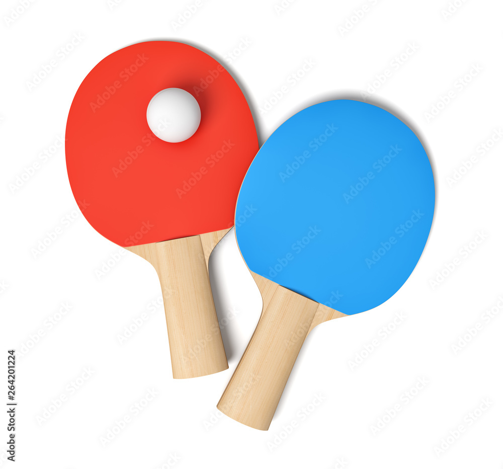 3d rendering of two ping pong rackets with red and blue rubbers and one white ping pong ball viewed from above isolated on white background. 3d rendering of two ping pong rackets with red and blue rubbers and one white ping pong ball viewed from above isolated on white background.