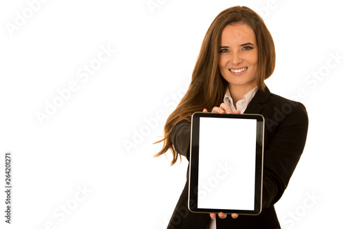 Beautiful young woman shows tablet with blank display - copy space for additional text or graphoc photo