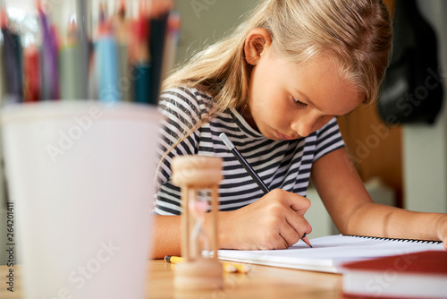 Diligent schoolgirl doing homework