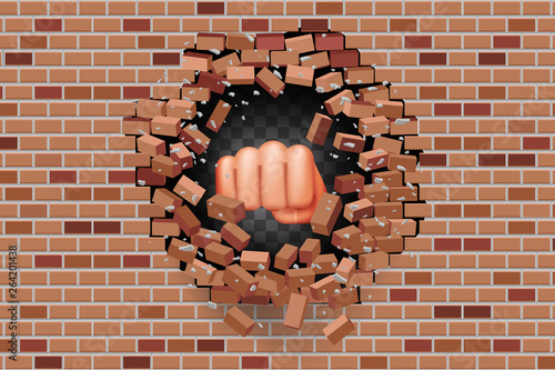 Fist punches hole in wall power strength destruction red brick break template transparent background vector illustration