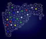 Glamour mesh vector Maharashtra State map with glowing light spots. Mesh model for political posters. Abstract lines, dots, flash spots are organized into Maharashtra State map.