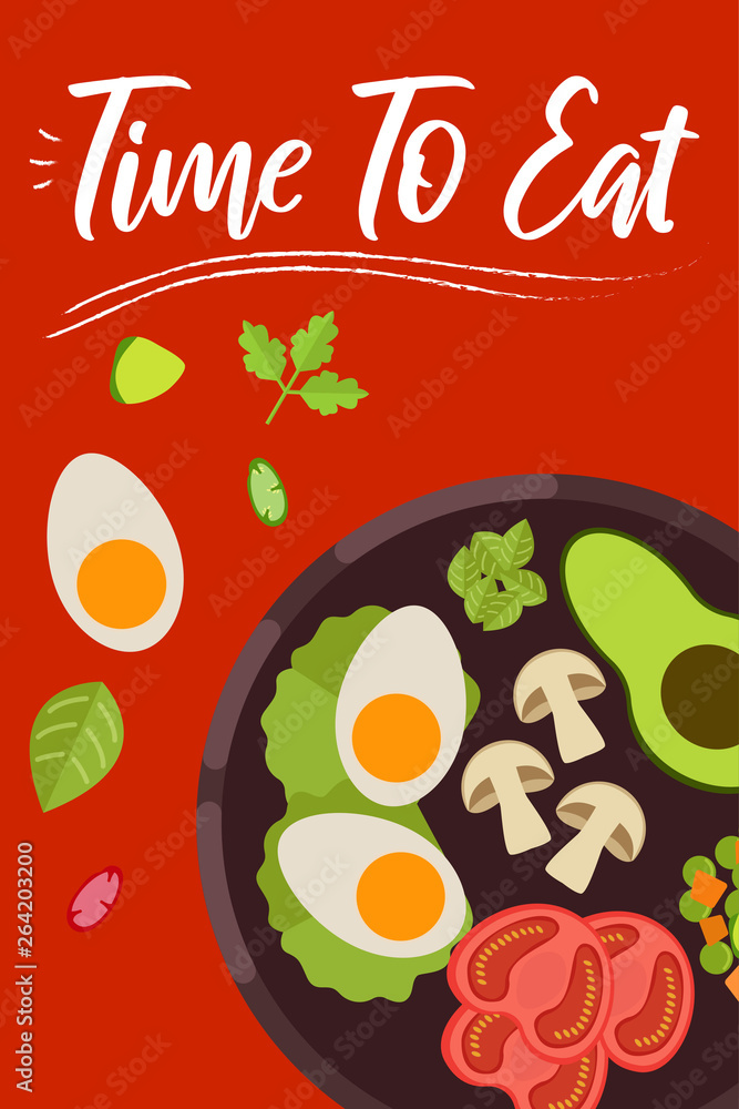 Breakfast food on bright background in flat design style. Doodle elements. Flat food