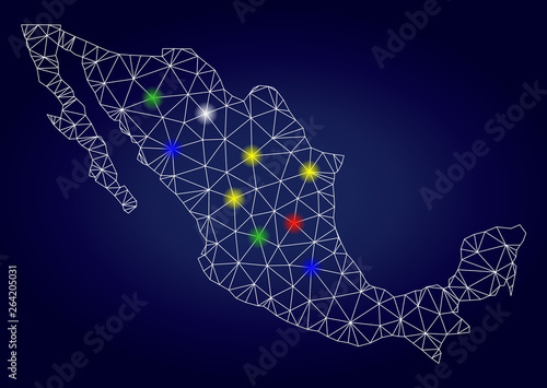 Bright mesh vector Mexico map with glare light spots. Carcass model for political purposes. Abstract lines, dots, light spots are organized into Mexico map. Dark blue gradiented background.
