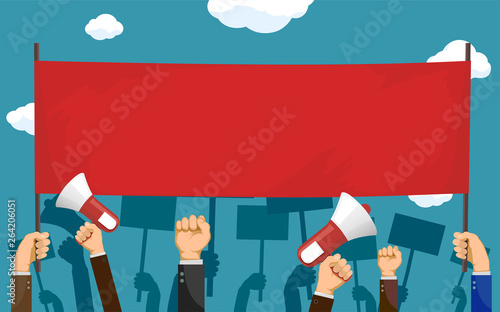 People hold red blank banner with copy-space.