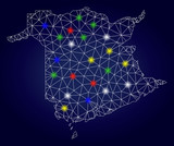 Bright mesh vector New Brunswick Province map with glow lightspots. Mesh model for political templates. Abstract lines, dots, glare spots are organized into New Brunswick Province map.