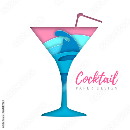 Cocktail cosmopolitan silhouette. Cut out paper art style design.