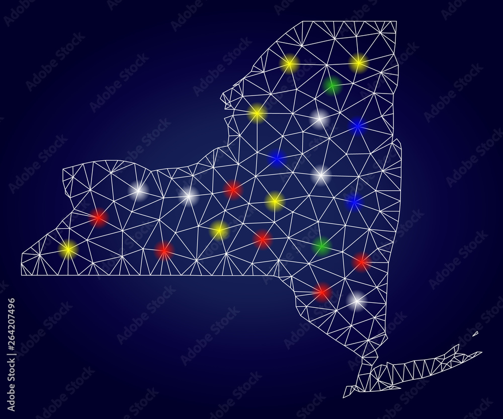 Glossy mesh vector New York State map with glare light spots. Lowpoly