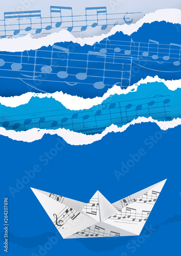  Ripped paper blue background with music notes and Origami with musical notes.  Illustration Useful for music events. Vector available.