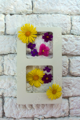  photo frame and summer flowers in the interior against a white wall of kerpich,Live picture with flowers or vertical juicy garden framed on the wall photo