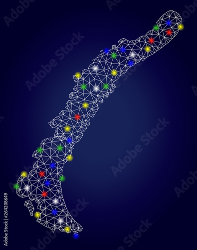 Bright mesh vector Novaya Zemlya Islands map with glare light spots. Carcass model for political posters. Abstract lines, dots, light spots are organized into Novaya Zemlya Islands map. photo