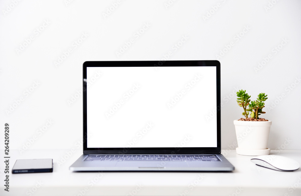 blank screen Modern laptop computer with mouse,Smart phone and Succulent on wood table in office view backgrounds blank screen Modern laptop computer with mouse,Smart phone and Succulent on wood table in office view backgrounds
