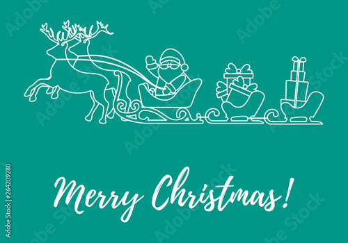 Santa Claus with Christmas presents in sleighs with reindeers. New Year and Christmas illustration.