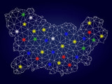Bright mesh vector Ourense Province map with glow light spots. Carcass model for political purposes. Abstract lines, dots, glare spots are organized into Ourense Province map.