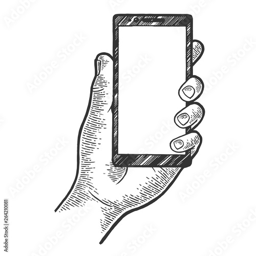 Smart phone in hand sketch engraving vector illustration. Scratch board style imitation. Hand drawn image.