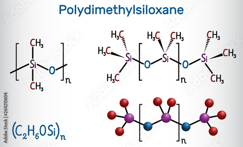 Polydimethylsiloxane, PDMS, silicone polymer, molecule. Structural chemical formula and molecule model photo
