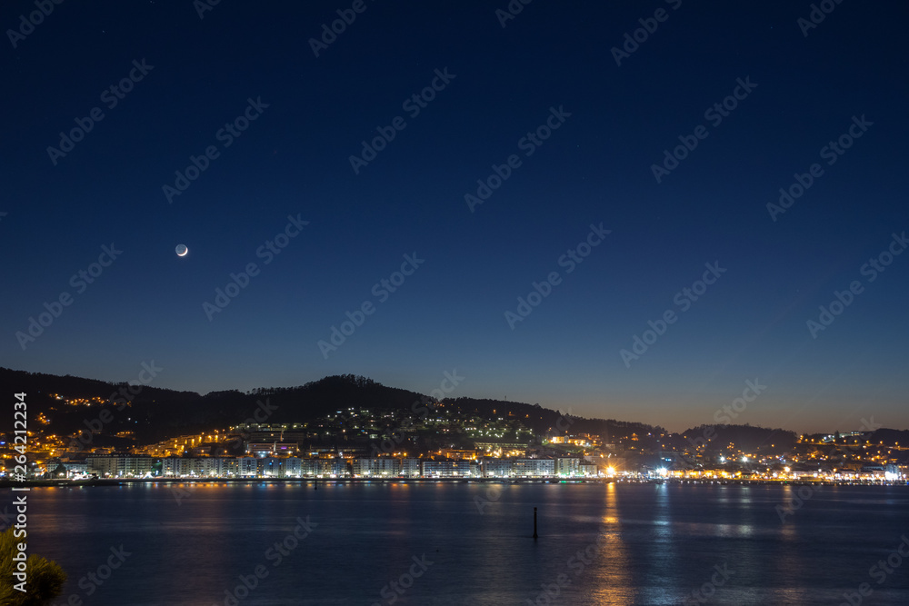 Night view of the town of Baiona in Pontevedra