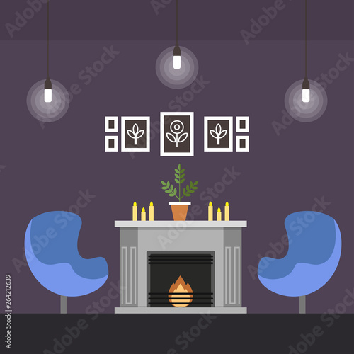 Living Room with Fireplace Coworking Cartoon Flat.