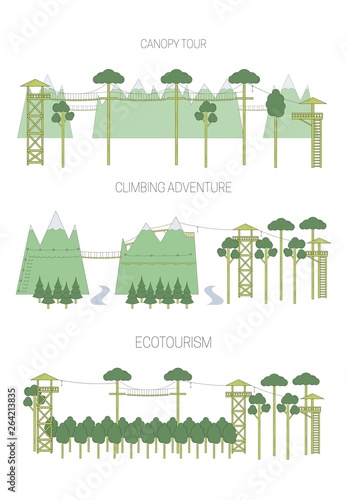 Set of eco tourism illustrations. Line art style.