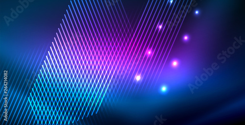 Neon glowing techno lines, blue hi-tech futuristic abstract background template with lights