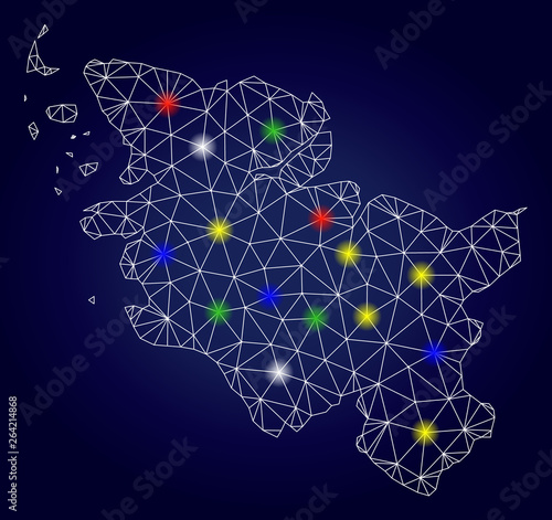 Bright mesh vector Schleswig-Holstein Land map with glow light spots. Mesh model for political purposes. Abstract lines, dots, light spots are organized into Schleswig-Holstein Land map.