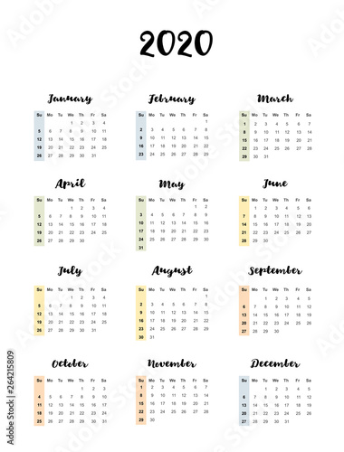 Simple English Vector Calendar. 2020 Year. Black Letters and Numbers with Stripes of 4 Colors Isolated on a White Background. Simple Business Design Calendar 2020. All Months on One Page.