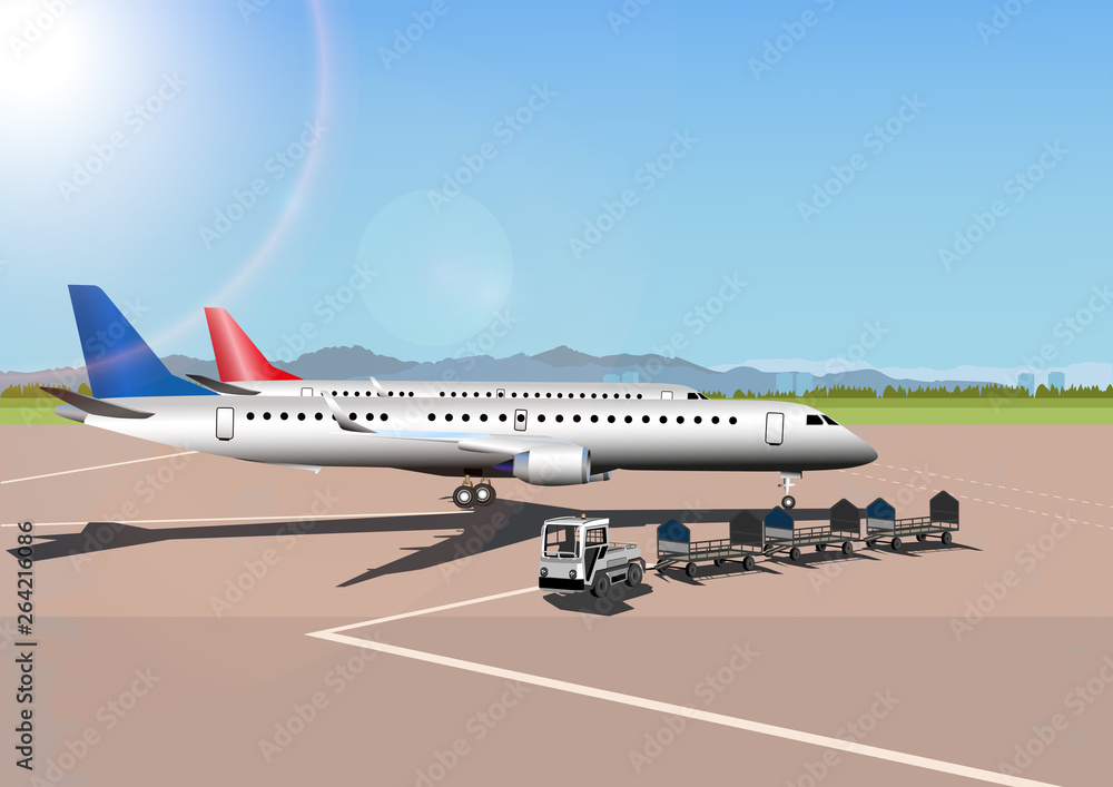 Fototapeta premium Vector airport concept with aircraft luggage transporter and runway. Vector airport landscape. Vector illustration.